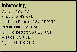 Text Box: Inbreeding:
Danzig: 4S X 4D
Fappiano: 4S X 4D
Northern Dancer: 5S X 5D X 5D
Pas de Nom: 5S X 5D
Mr. Prospector: 5S X 5D X 5D
Killaloe: 5S X 5D
Nijinsky II: 5S X 5D 